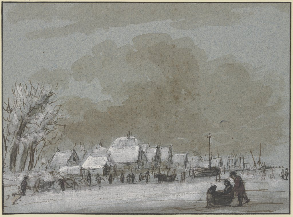 Winterlandschaft, links ein Dorf, eingefrorene Schiffe, rechts auf dem Eis zieht ein Mann ein Schlitten, Hendrik Spilman