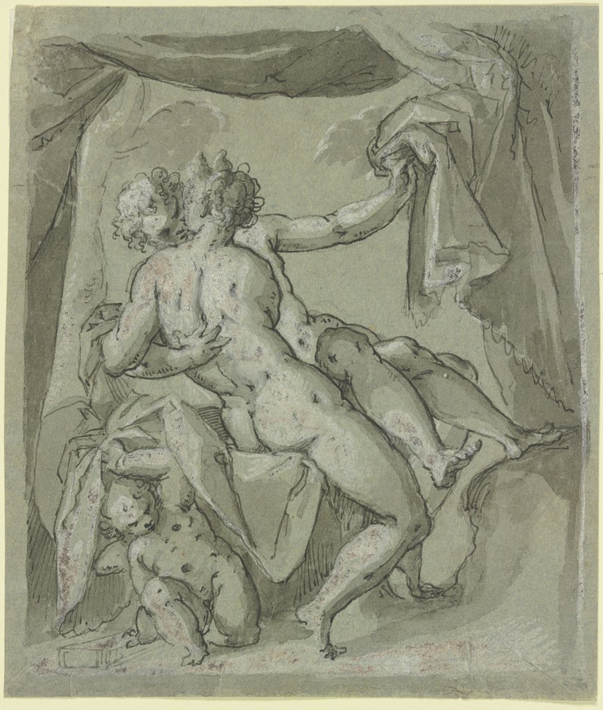 Venus und Mars auf einem Bett liegend, links unten verbirgt sich Amor, Bartholomäus Spranger;   ?