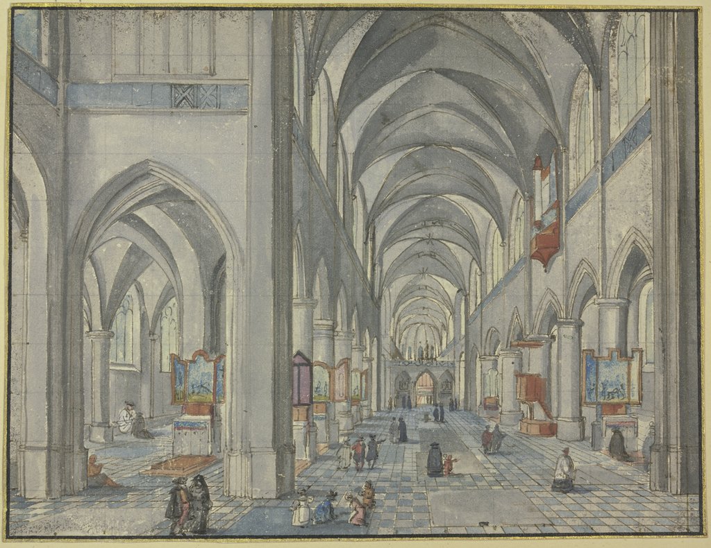Inneres einer gotischen Kirche mit vielen Figuren, Hendrick van Steenwyck d. J.
