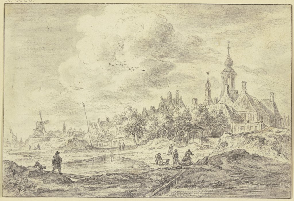 Ansicht eines Dorfes mit Kirche und Windmühle, Arbeiter mit Schubkarren, links Mann mit Hund, Jacob Isaacksz. van Ruisdael;   ?