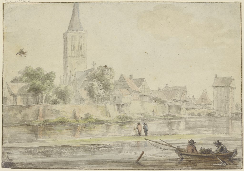 Stadt am Wasser mit Kirche, rechts ein Turm, vorne Kahn mit zwei Personen, Jacob Isaacksz. van Ruisdael