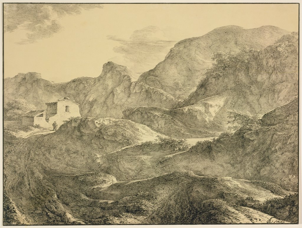Gebirgslandschaft, links ein Haus mit einem Wanderer davor, Carl Friedrich von Rumohr