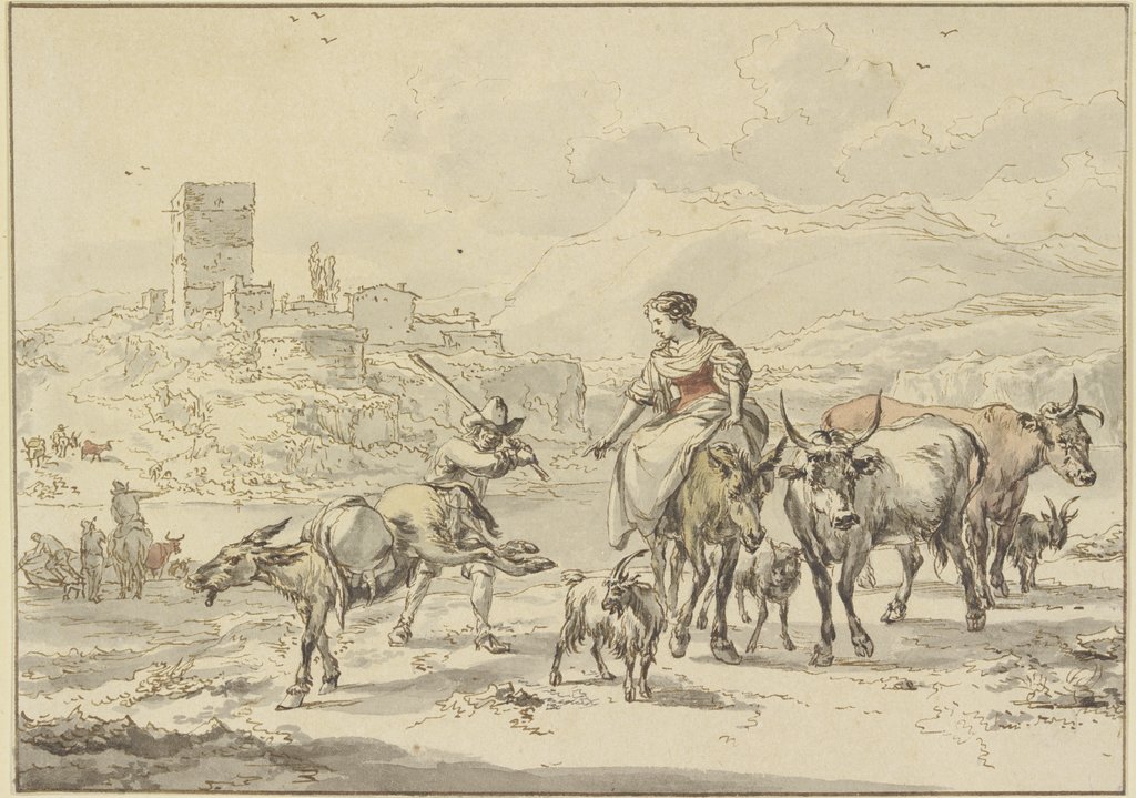 Burgruine an einem Fluß, im Vordergrund eine Hirtin auf einem Esel bei Kühen und Ziegen, ein beladener Esel wird von einem Hirte geprügelt und schlägt aus, Jan Frans Soolmaker