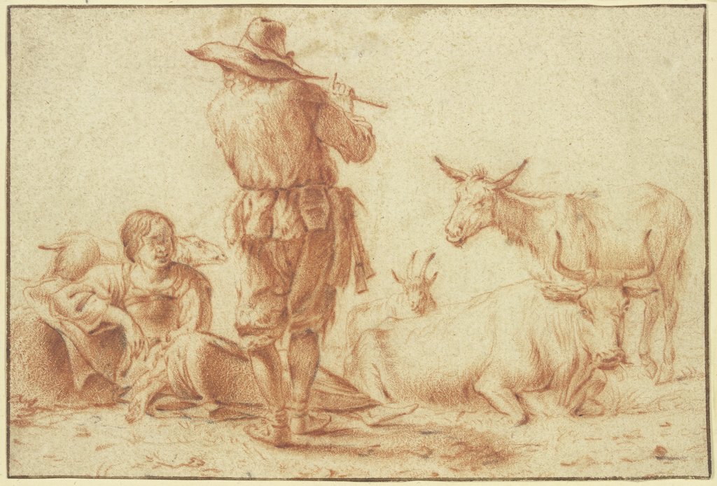 Ein Hirte in Rückenansicht bläst die Flöte, eine Hirtin sitzt dabei mit einigem Vieh, Jan Frans Soolmaker