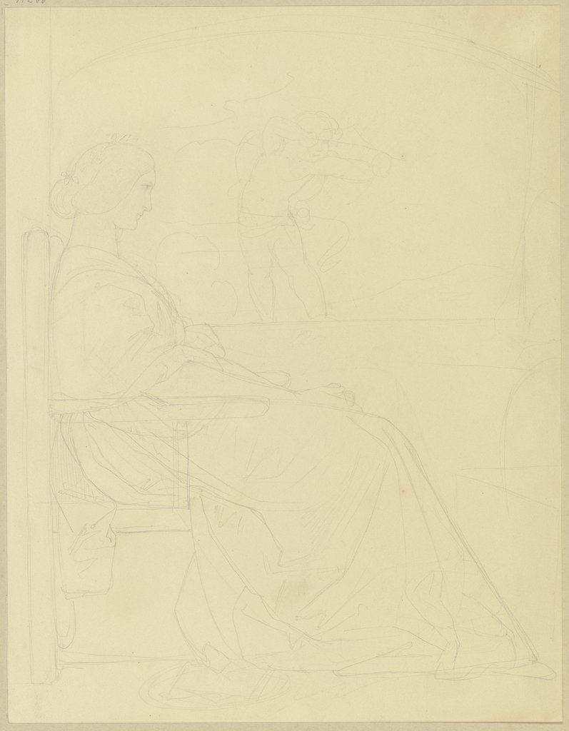 Eine Dame am Fenster sitzend, im Hintergrund ein Amorknabe (?) mit Pfeil und Bogen, Edward von Steinle