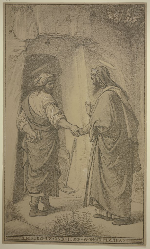 Nikodemus und Joseph von Arimathia vor dem Grab des Herrn, sich die Hand reichend, Edward von Steinle