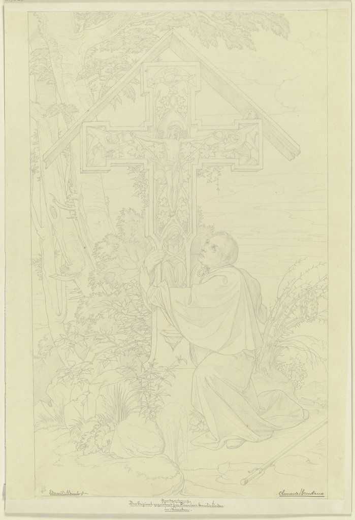 Gedenkblatt an Clemens Brentano, ein Kreuz umfassend, Edward von Steinle