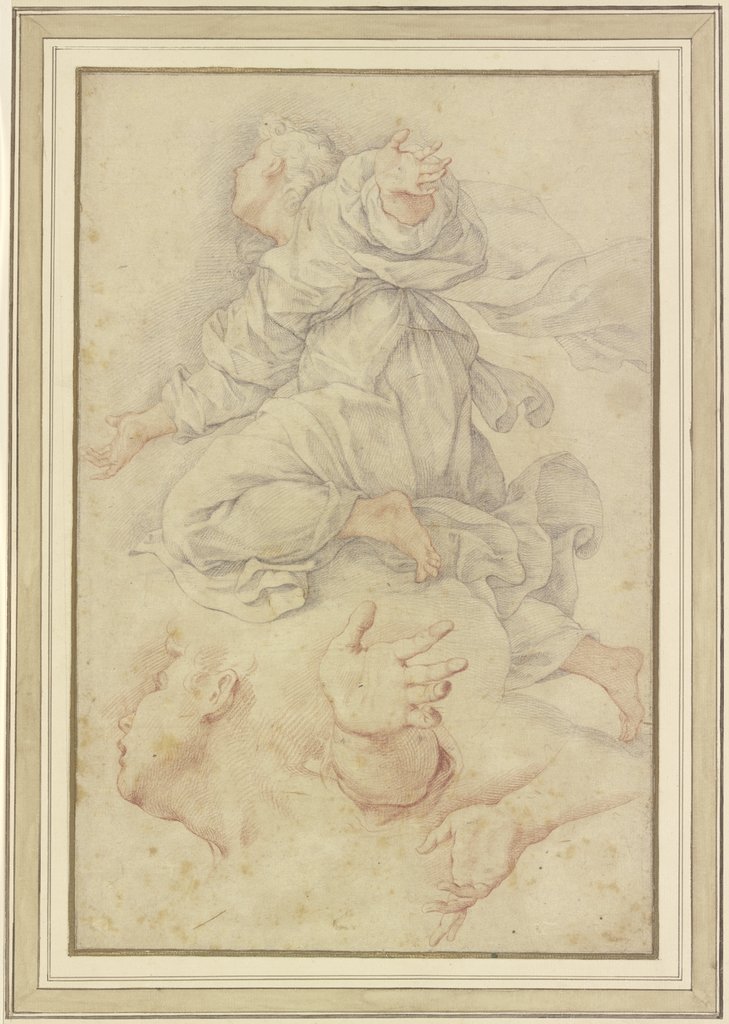 Studienblatt: Kniender Engel auf Wolken mit fliegendem Gewand, darunter eine Wiederholung des Kopfes und der Hände, Giuseppe Bartolomeo Chiari;   ?