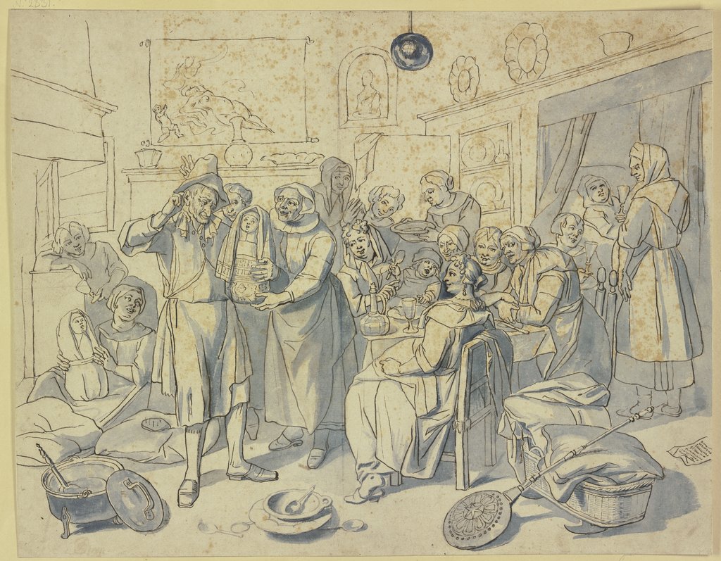Einem Mann werden Zwillinge geboren, er kratzt sich wegen des reichen Segens und der großen Gesellschaft, die dieses Ereignis mit Essen und Trinken feiert, hinter den Ohren, Unknown, 17th century, after Jan Steen