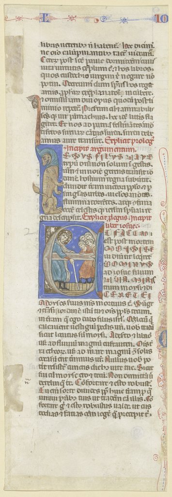 Initiale E: Ein nimbierter bärtiger Mann mit Stab belehrt eine Schar von Jünglingen (verso Textfragment), Bolognesisch, 14. Jahrhundert