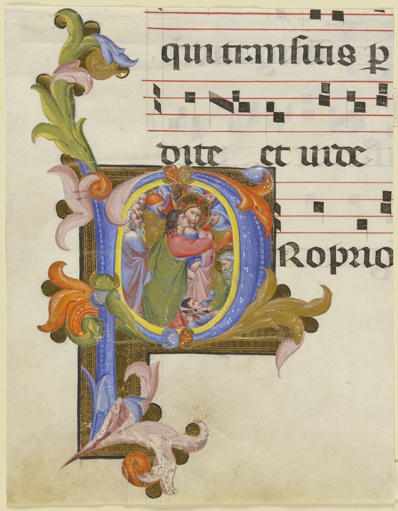 Initiale P mit Judaskuss, lateinischem Text und Noten, Sienese, 14th century