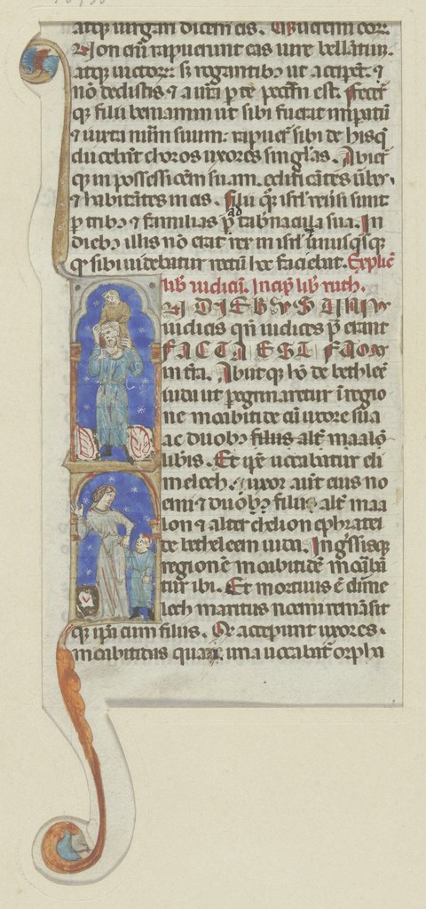 Initiale I: Oben der Heilige Christophorus, das Jesuskind auf den Schultern tragend, unten eine Frau, ein Kind an der Hand haltend (verso Textfragment), Bolognesisch, 14. Jahrhundert
