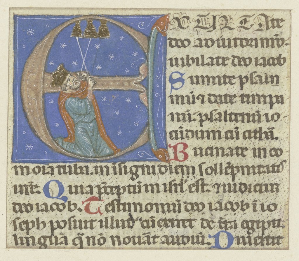 Initiale E: Darin ein kniender Mann mit Krone, drei Glocken läutend (verso Textfragment), Bolognese, 14th century