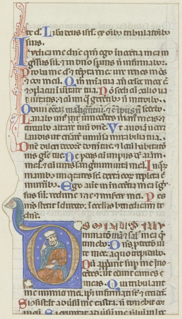 Initiale O: Darin ein sitzender Mann mit Krone, mit dem Finger an seine Stirn weisend (verso Textfragment), Bolognese, 14th century