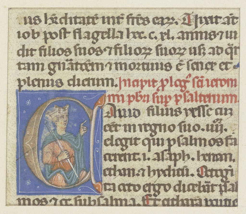 Initiale: Darin ein Mann mit Krone und Zepter, auf den nebenstehenden Text zeigend (verso Textfragment), Bolognesisch, 14. Jahrhundert