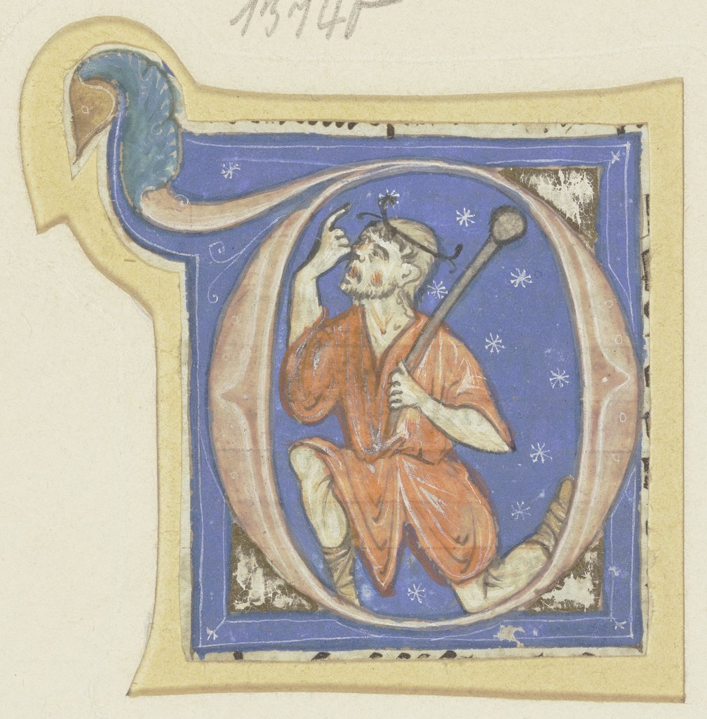 Initiale O: Darin ein kniender Mann, einen Wurfstab haltend, Bolognesisch, 14. Jahrhundert