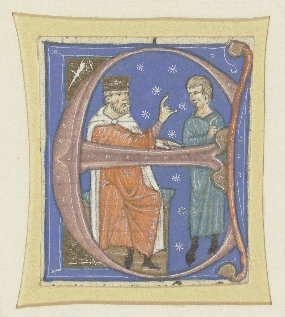 Initiale E: Darin ein sitzender Mann mit Krone, einen rechts neben ihm stehenden jüngerer Mann ansprechend, Bolognesisch, 14. Jahrhundert