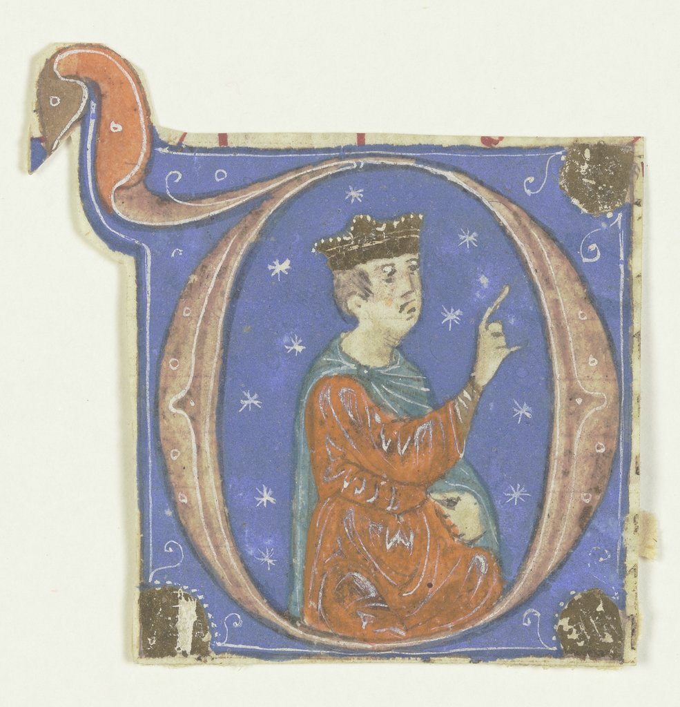 Initiale O: Darin ein bekrönter Mann im Redegestus (verso Textfragment), Bolognese, 14th century
