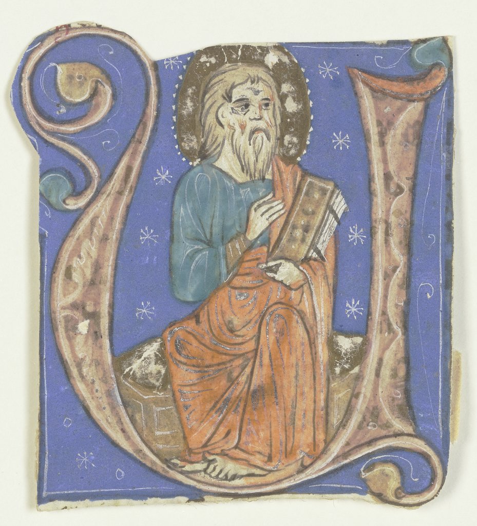 Initiale U: Darin ein nimbierter bärtiger Mann mit Codex (verso Textfragment), Bolognese, 14th century