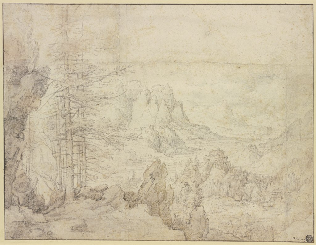 Gebirgslandschaft mit einem Tal, in Mittelgrund ein Bergschloss, links hohe Tannen, Roelant Savery
