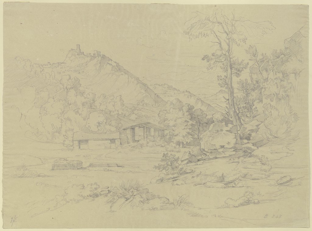 Gebirgspartie mit Ruinen auf den Bergen, vorn ein Wasser mit einigen Hütten, Johann Wilhelm Schirmer