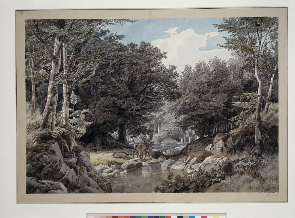 Waldinneres mit Hirschen am Wasser, Johann Wilhelm Schirmer