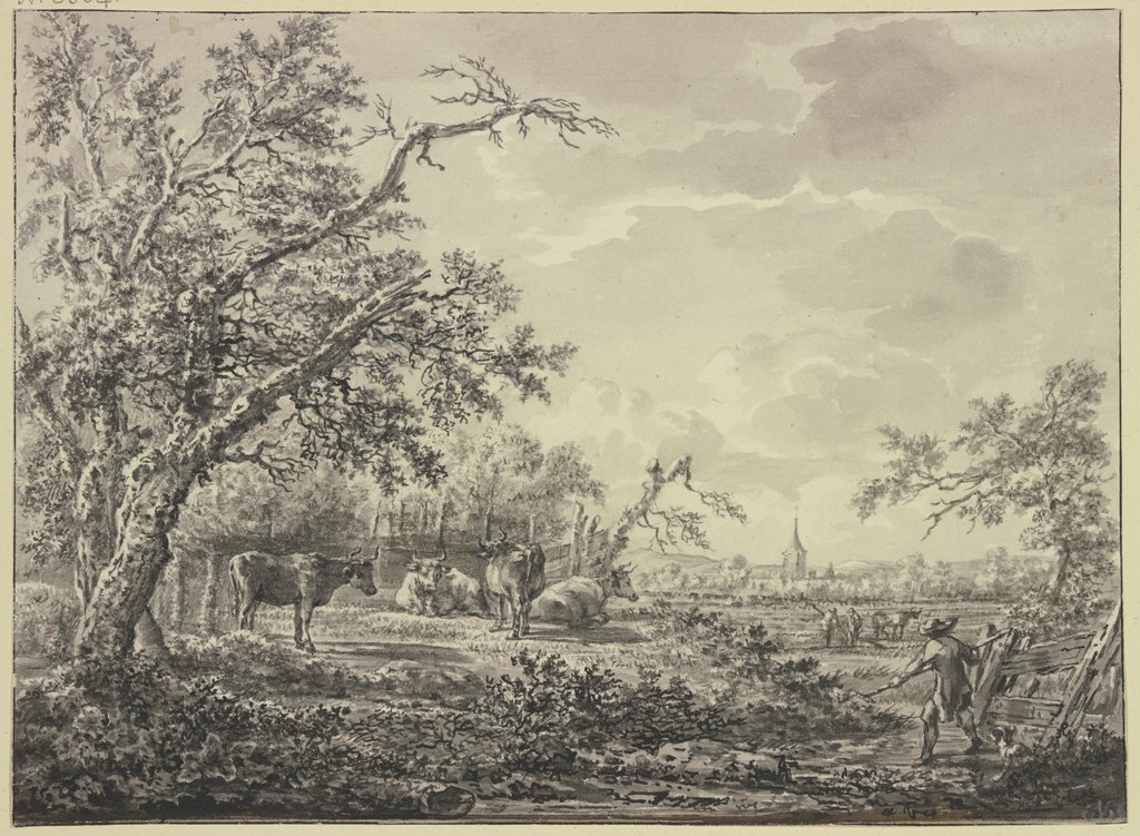 Am Waldesrand bei einem Zaun Vieh und ein Hirte, Hendrik Schepper