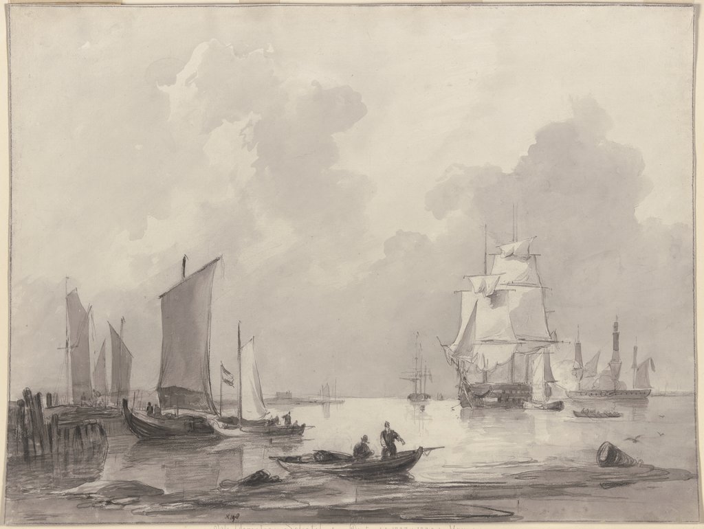 Barken am Strande, rechts größere Schiffe mit Kanonen, vorne rechts eine Barke, Johannes Christiaan Schotel