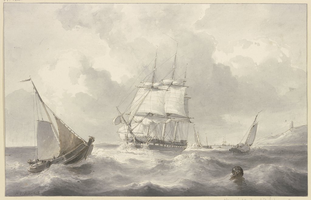 Bark in rough sea, Petrus Johannes Schotel