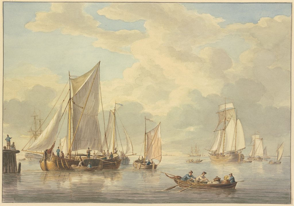 Ruhige See mit vielen Schiffen, vorne ein Boot mit drei Ruderern und einer Frau, Martinus Schouman