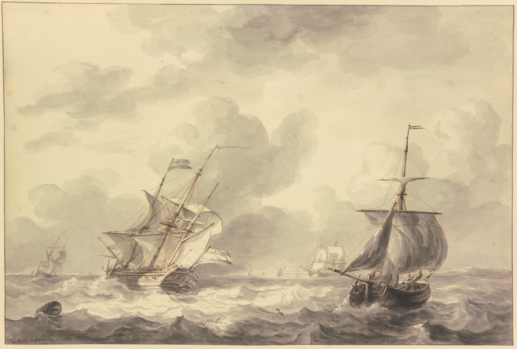 Zwei Schiffe auf bewegter See, links eine Tonne, Martinus Schouman