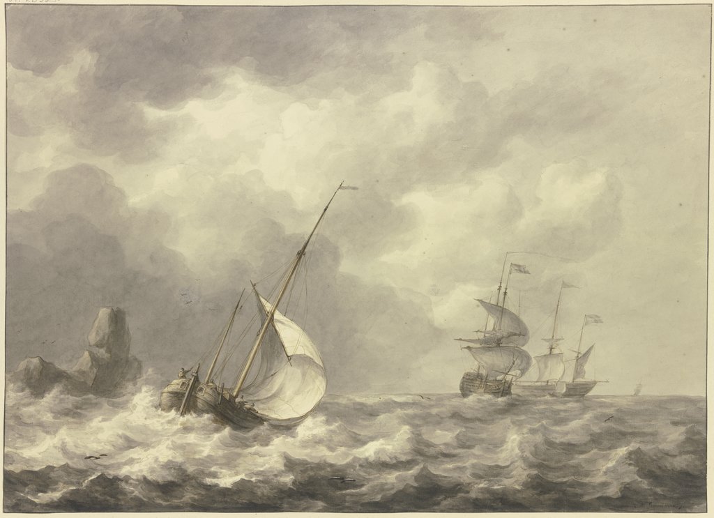 Drei Schiffe und Boot nach rechts, viertes Boot ist in die Brandung eines Felsens geraten., Martinus Schouman