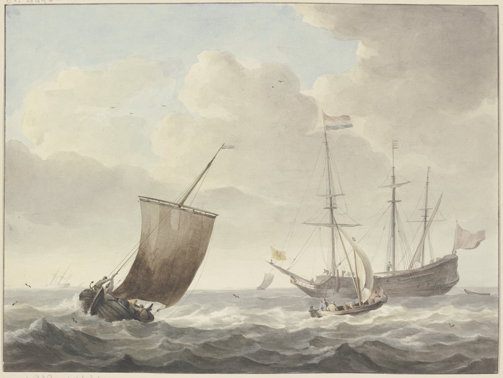 Bewegte See mit Schiffen, gelbe Flagge mit goldenem Löwen, Martinus Schouman, after Willem van de Velde the Younger