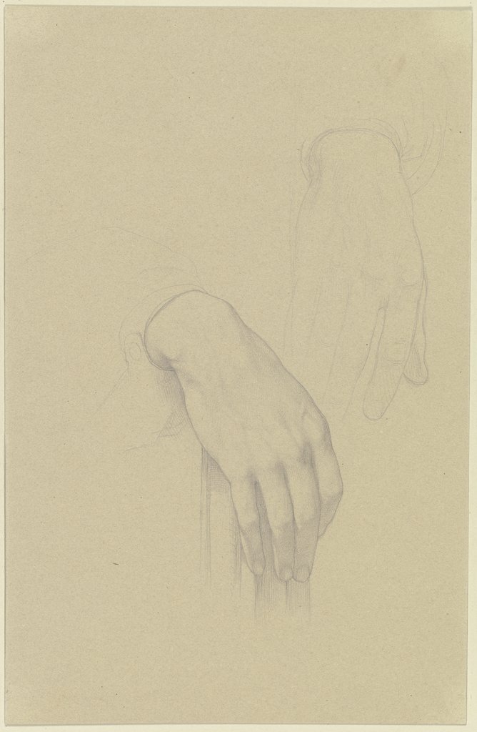 Die schön geformte rechte Hand eines Mannes, auf der Lehne eines Stuhls ruhend; daneben die Skizze einer derberen Hand, Edward von Steinle