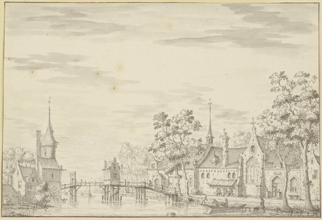 Ansicht einer kleinen Stadt mit Holzbrücke, Jacobus Stellingwerff