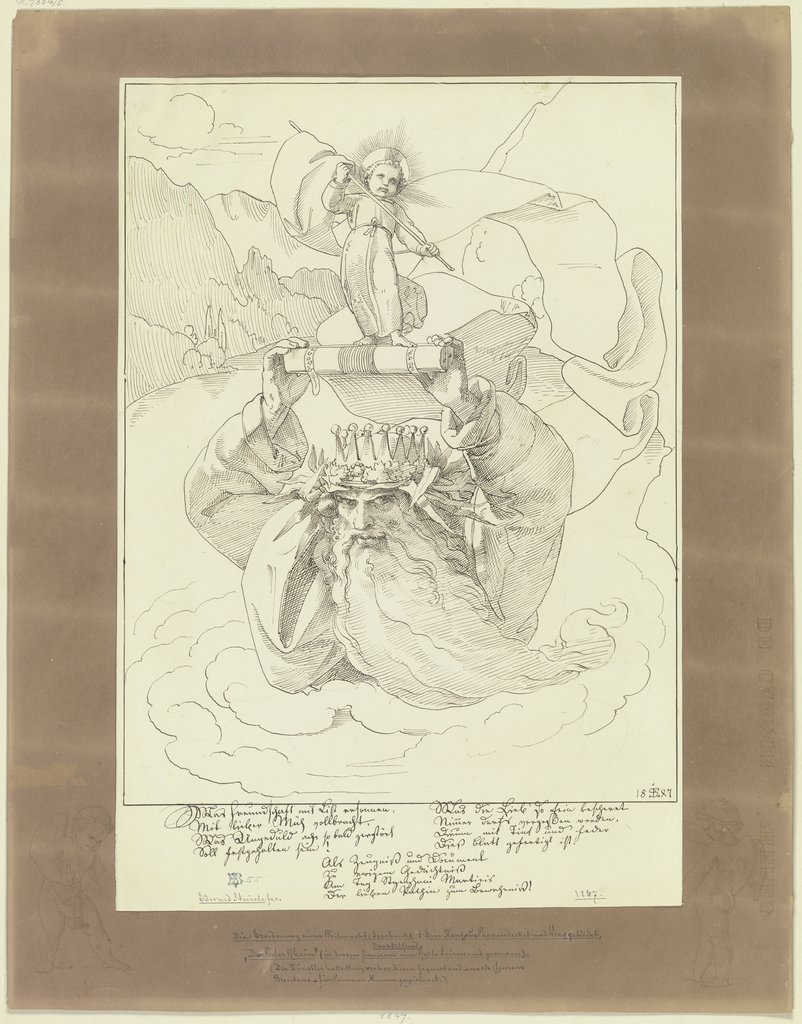 Brauner Montierungsbogen mit zwei das Hauptblatt rahmenden Putten an den unteren Ecken, Edward von Steinle