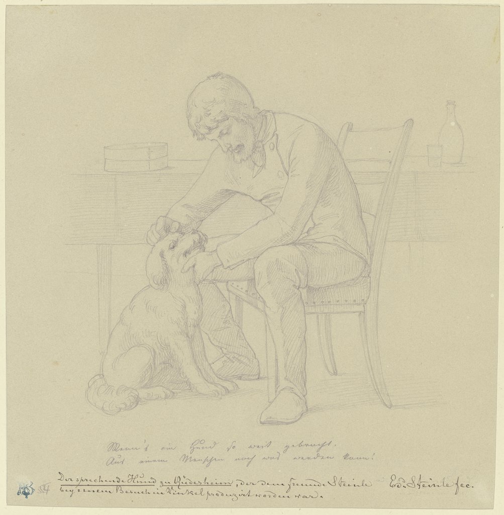 Der sprechende Hund zu Rüdesheim, ein Mann mit dem Hund an einem Tisch sitzend, Edward von Steinle