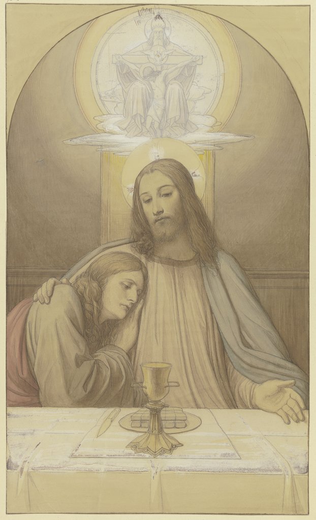 Christus mit dem Lieblingsjünger Johannes, Halbfiguren am Tisch des letzten Abendmahles, über ihnen die Dreifaltigkeit, Edward von Steinle