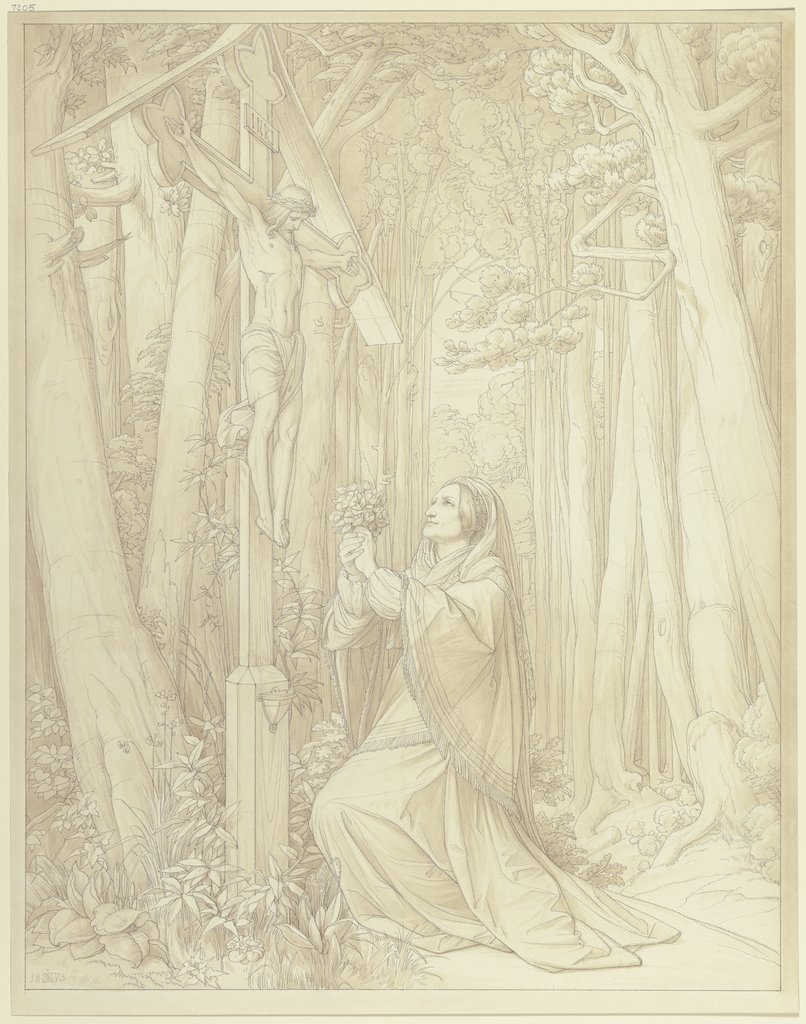 Josephine Brentano im Wald ein Kruzifix verehrend, Edward von Steinle