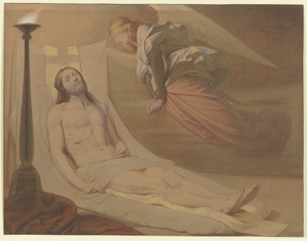 Christus im Grab, über ihm schwebend ein trauernder Engel, Edward von Steinle