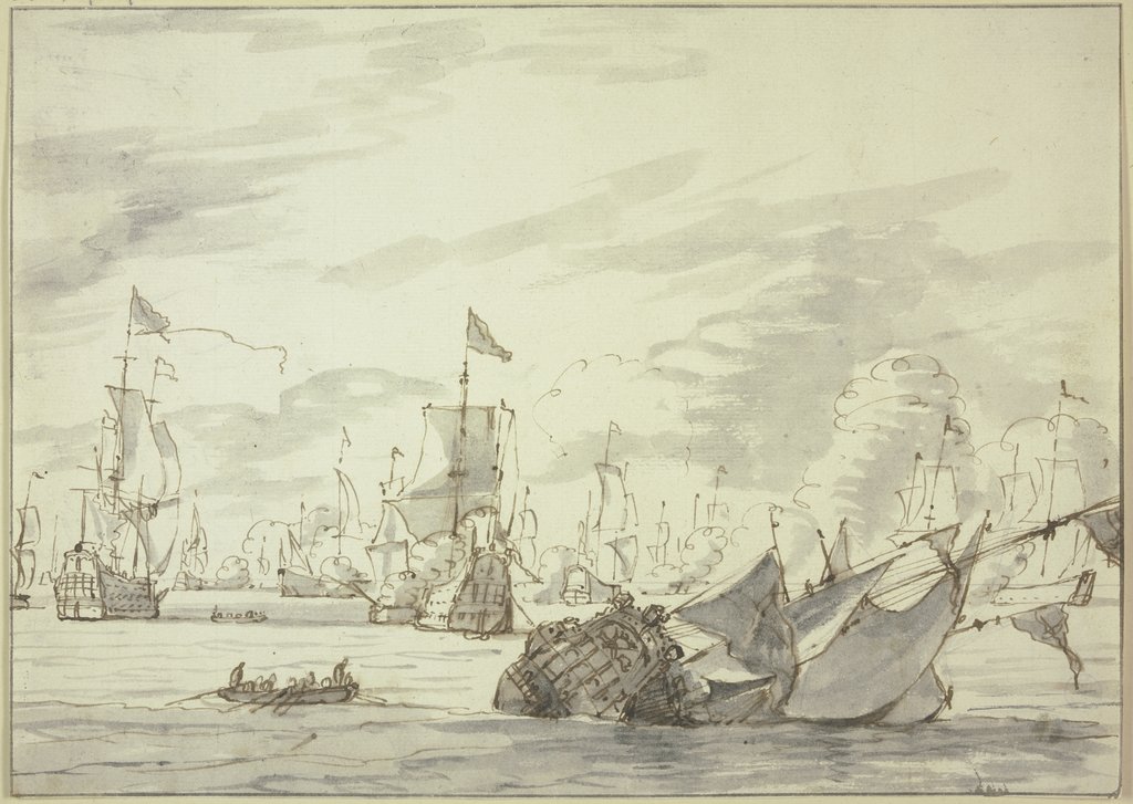 Seegefecht, vorne rechts ein sinkendes Schiff, Abraham Storck d. Ä.