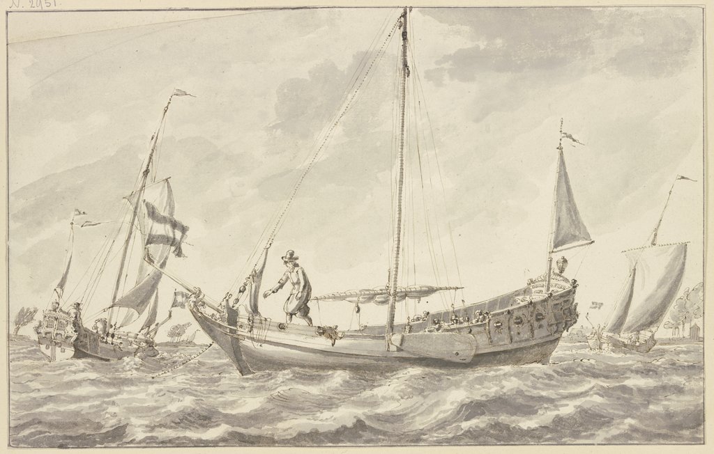 Drei Boote bei bewegtem Meere segelnd, Abraham Storck the Elder