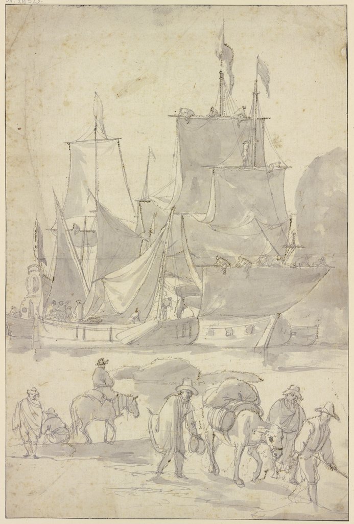 Schiffe im Hafen, vorne drei Männer mit einem beladenen Esel nach rechts, Abraham Storck the Elder