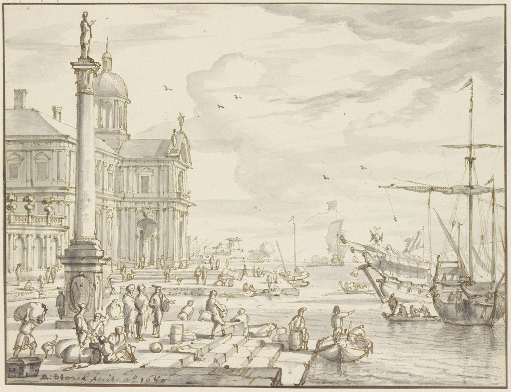 Seaport, a column on the left, Abraham Storck the Elder