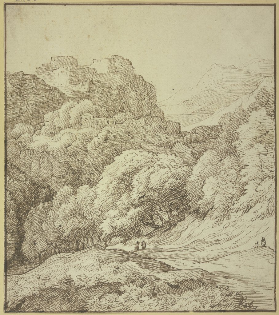 Links auf hohen Felsen ein Schloß, unten ein Weg unter Baumgruppen weggehend mit zwei Figuren, Jacob Isaacsz. van Swanenburg;   ?