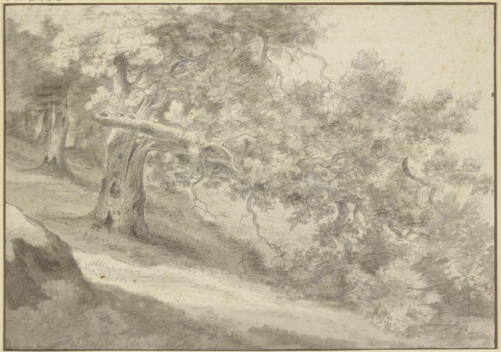 Bergabhang mit Bäumen, ein großer Ast ist an einer Eiche abgebrochen, Herman van Swanevelt