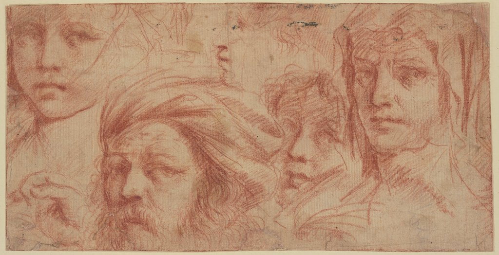 Fünf verschiedene Köpfe, einer davon mit Turban, vier davon den Blick nach rechts gerichtet, Guercino (Giovanni Francesco Barbieri)