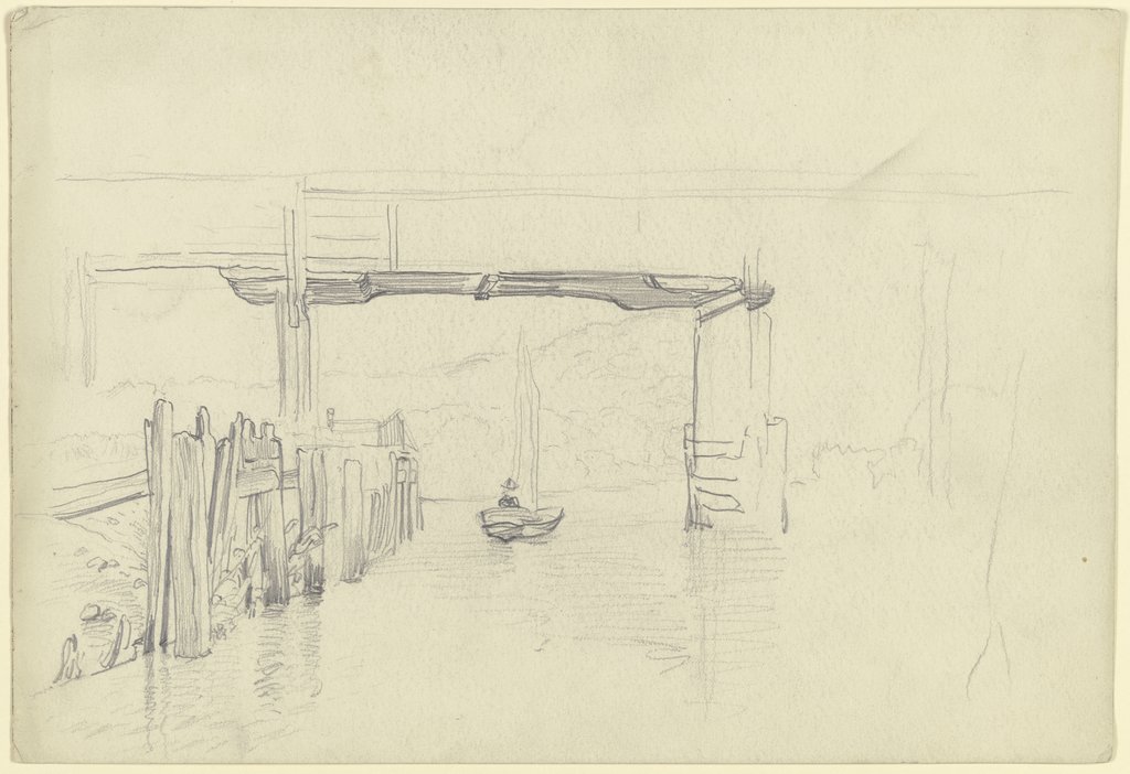Fluss mit Brücke und Segelboot, Otto Scholderer