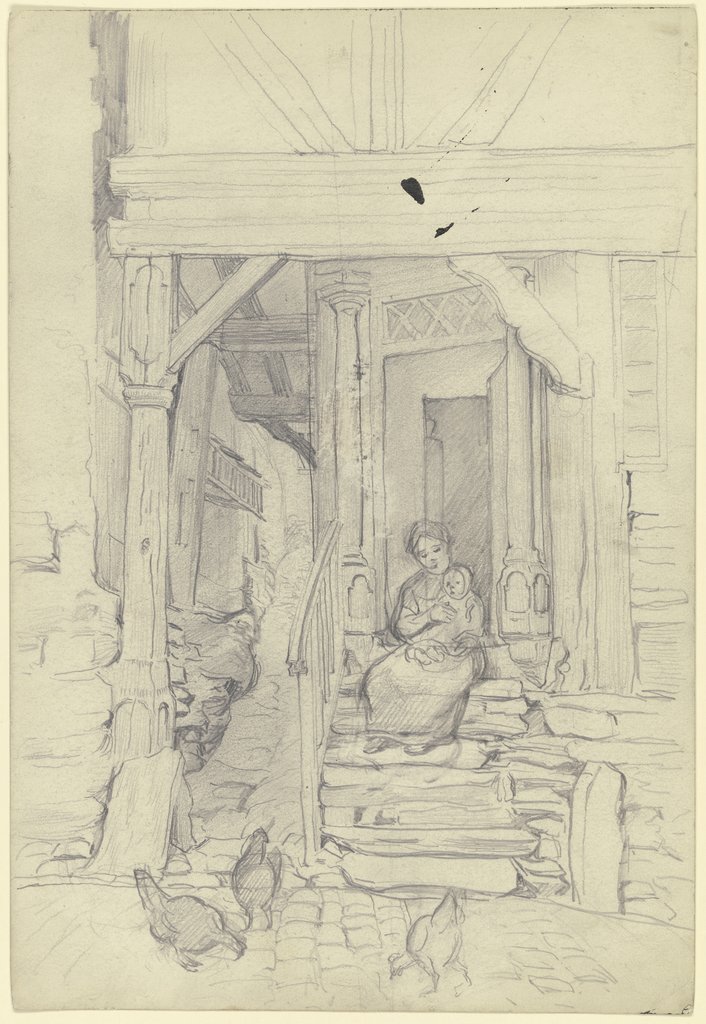 Fachwerkhaus, davor Mutter und Kind, auf einer Treppe sitzend, Otto Scholderer