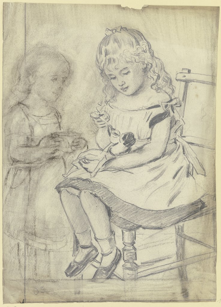Zwei Kinder füttern eine Puppe, Otto Scholderer